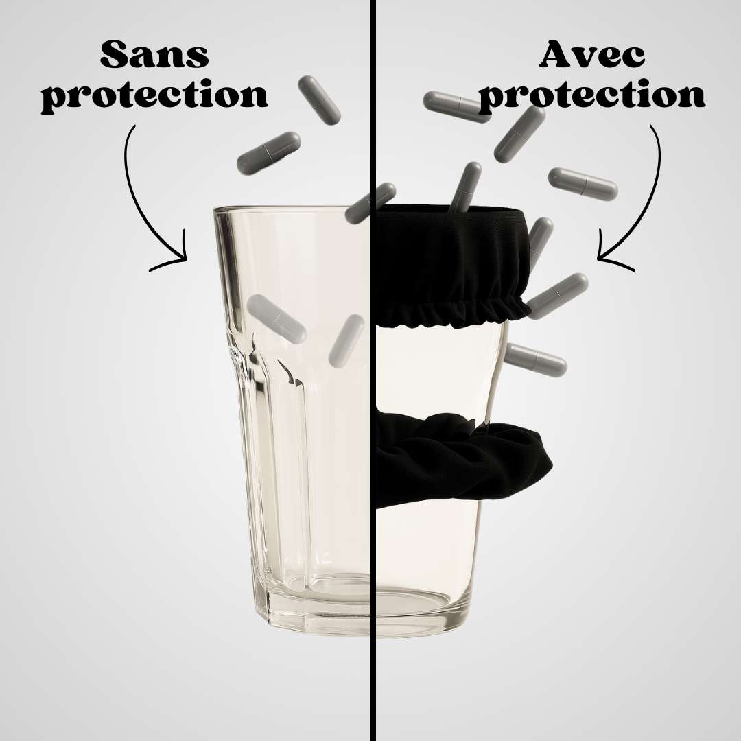 Verre comparatif avec et sans chouchou vert clair Protect Your Glass, fond gris