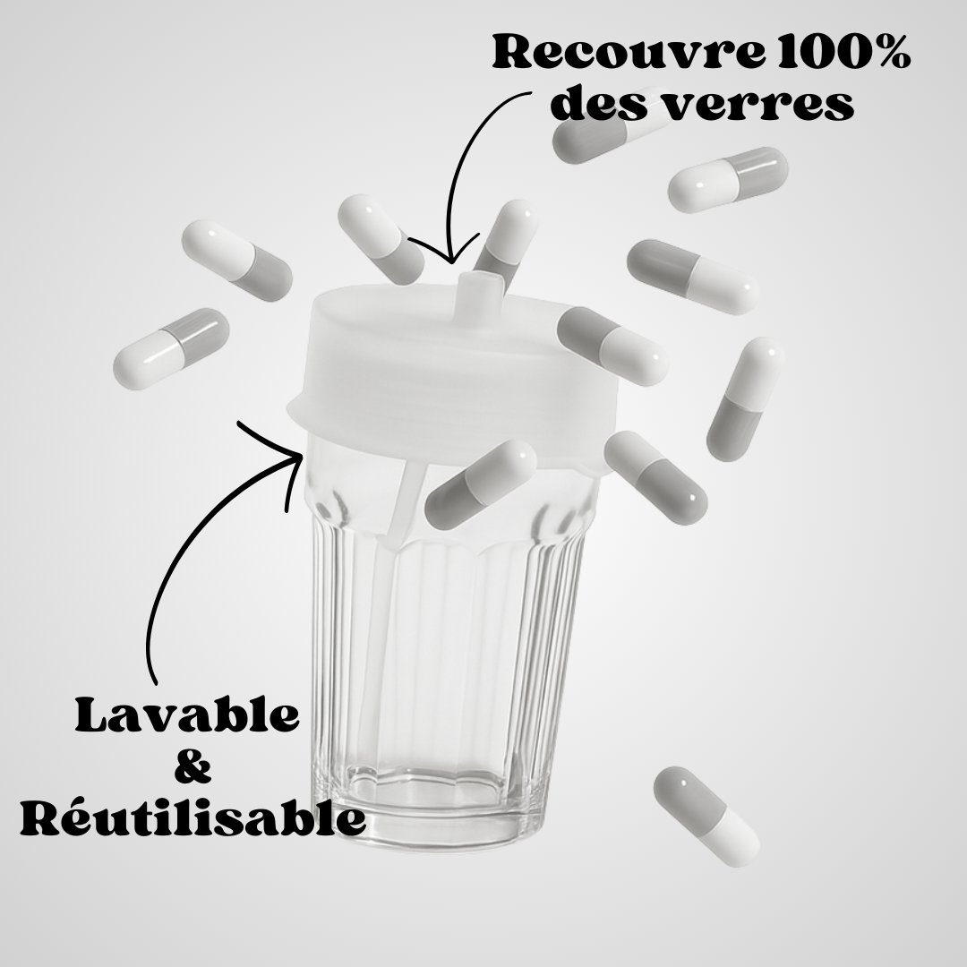 Capote de verre en silicone alimentaire blanc avec tétine, lavable et réutilisable, recouvrant entièrement un verre pour bloquer l’intrusion de substances