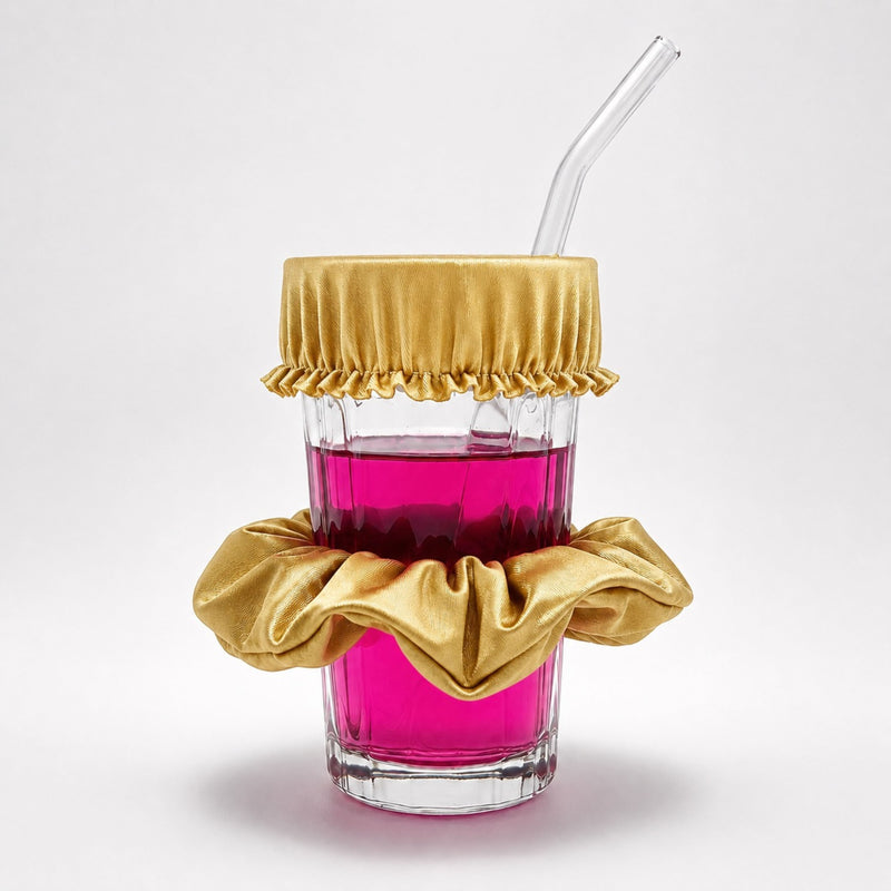 Chouchou anti-drogue doré Protect Your Glass déployé sur un verre avec paille.