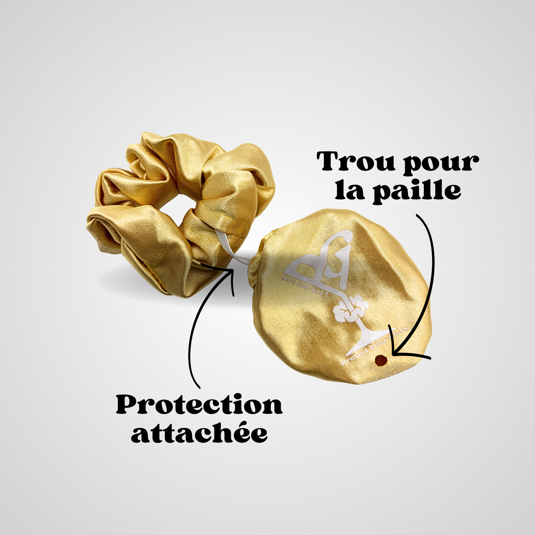 Chouchou anti-drogue doré avec trou pour paille et protection de verre intégrée