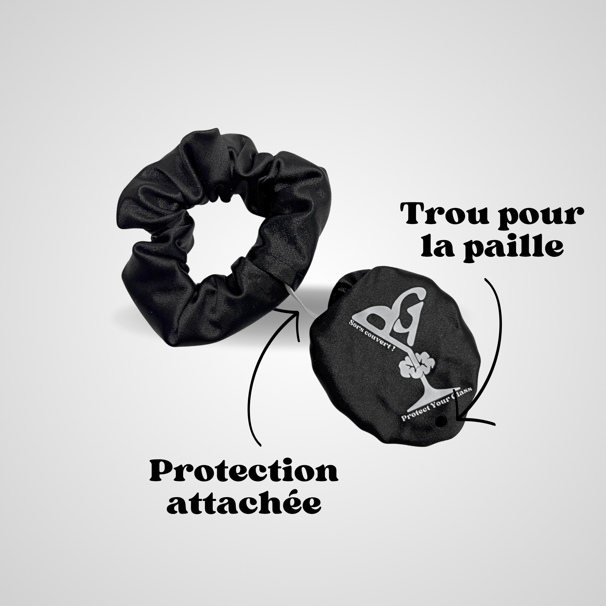 Chouchou anti-drogue noir satiné avec trou pour paille et protection de verre intégrée