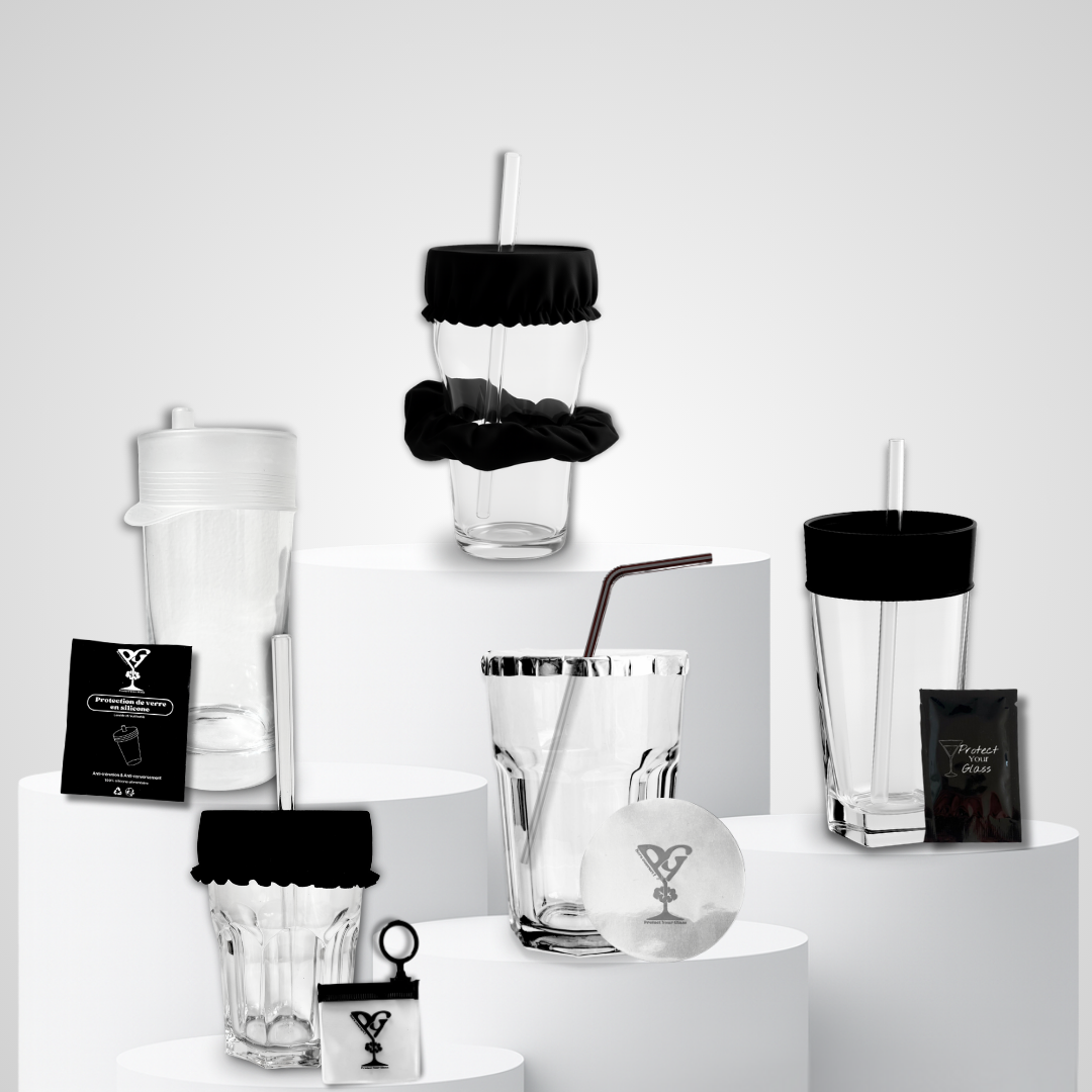 Pack découverte Protect Your Glass comprenant 5 protections de verre anti-drogue : chouchou, protège verre porte-clé, capote en silicone, capote en latex et protection aluminium.