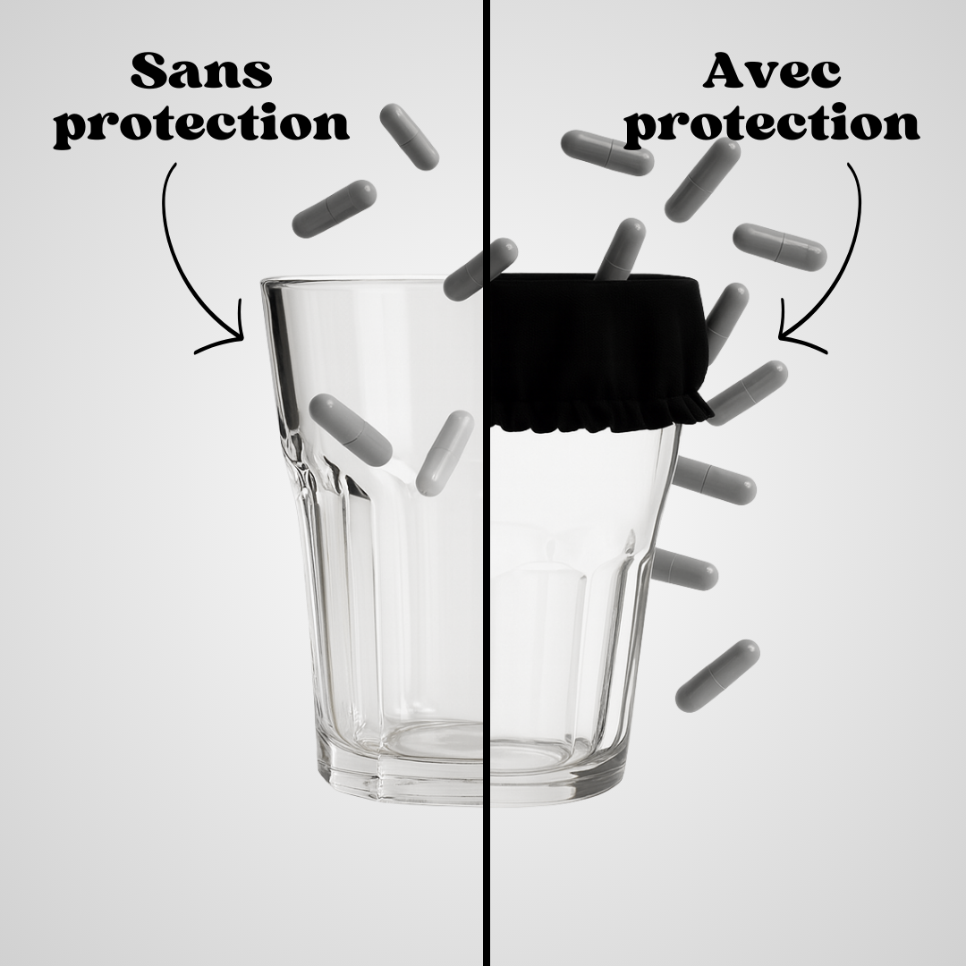 Image comparative montrant un verre sans protection et un verre équipé d’un protège-verre en tissu noir, stoppant l’entrée de capsules