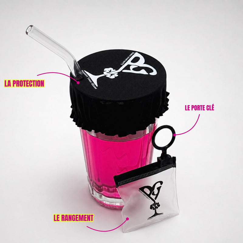 Protector de vaso con llavero Protect Your Glass presentado con su estuche de almacenamiento.